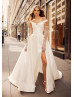 Off Shoulder Ivory Satin V Back Slit Wedding Dress Off Shoulder Ivory Satin V Back Slit Wedding Dress